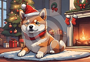 Christmas Secene. A Shiba puppy dog wearing a Santa Claus hat