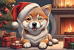 Christmas Secene. A Shiba puppy dog wearing a Santa Claus hat