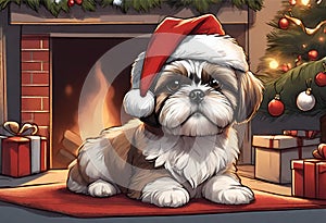 Christmas Secene. A Shih Tzu puppy dog wearing a Santa Claus hat