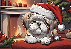 Christmas Secene. A Shih Tzu puppy dog wearing a Santa Claus hat