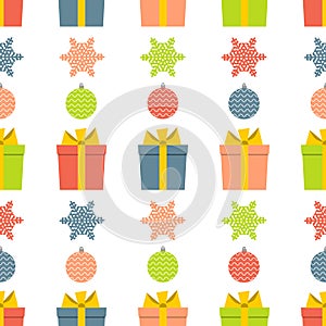 Christmas semless pattern with snowflake, christmas ball and gift box