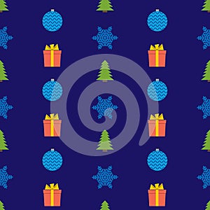 Christmas semless pattern with snowflake, christmas ball, gift box and Christmas tree