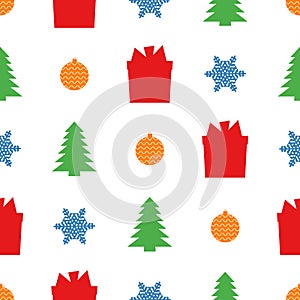 Christmas semless pattern with snowflake, christmas ball, gift box and Christmas tree