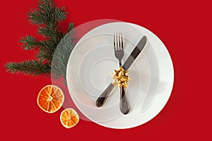 Christmas served dinner, meal table design on red background. White plate, golden bow, fir, dried orange, knife, fork. New year