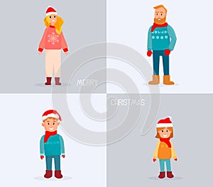 Christmas Set of cartoon family characters, parents with kids, Christmas clothes