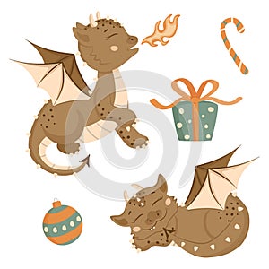 Christmas set in cartoon style. Cute dragons, gift box, Christmas ball, caramel lollipop