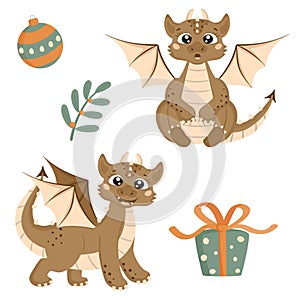 Christmas set in cartoon style. Cute dragons, gift box, Christmas ball, twig with leaves