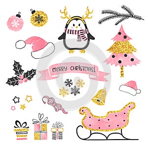 Christmas set. Collection of xmas elements for greeting card design in pink, black and golden colors.