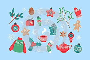 Christmas set of cute elements, illustration in flat style for web design, posters and cards