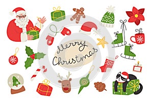 Christmas set of cute elements, vector illustration in flat style