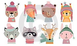 Christmas set with Cute forest animals. Hand drawn woodland characters. Greeting flyers