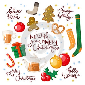 Christmas set cute holiday decoration elements and handwritten calligraphy. Vector illustration.