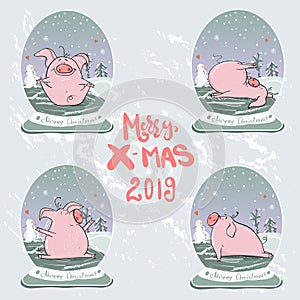 Christmas set of cute little pigs. New Year symbol. Vector winter illustration