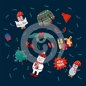 Christmas set with cute seasonal elements, children and animals. Vector illustrations with winter characters. Cartoon