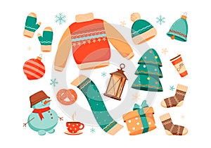 Christmas set, cute seasonal elements, flat style illustration. Collection of winter season scrapbook elements.
