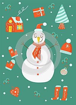 Christmas set, cute snowman in hat, vector illustration