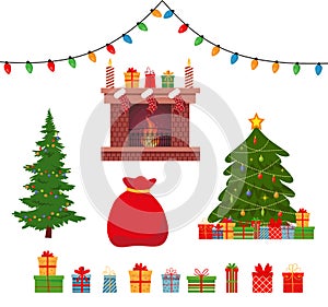 Christmas set with decorative winter items - gift boxes, garlands, socks, wreaths, Christmas trees isolated on a white background