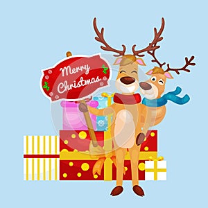 Christmas set of deer with banner isolated, happy winter xmas holiday animal greeting card, santa helper reindeer vector