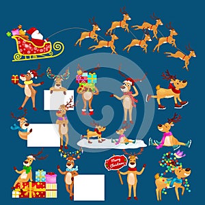 Christmas set of deer with banner isolated, happy winter xmas holiday animal greeting card, santa helper reindeer vector