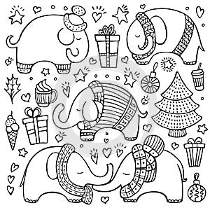 Christmas set of doodle elephants and elements