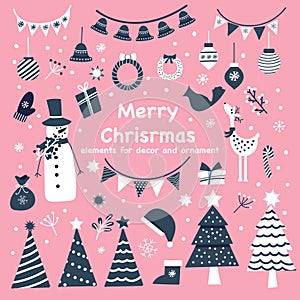 Christmas set of elements for design. Cute cozy flat style.