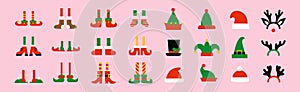 Christmas set of elf legs and elf hats. Isolated illustrations of cartoon shoes and boots for elves feet. Santa Claus