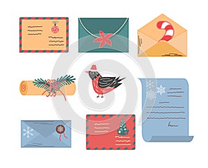 Christmas set of envelopes and letters to Santa. New year decorated mail collection. Festive elements to send messages.