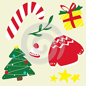 Christmas set of festive elements. Minimal illustration, simple lines