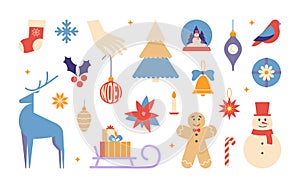 Christmas set of festive symbols, design elements. Cute flat illustrations. Winter season holiday. New Year vector