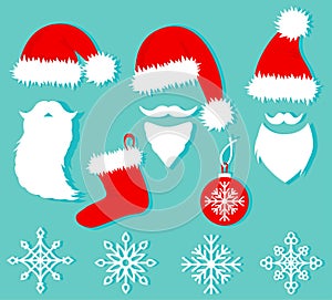 Christmas set in flat style. Vector illustrarion. Santa hats and beards