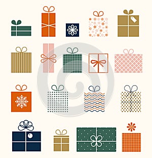 Christmas set of gifts in flat style isolated on white background. New Year s boxes. stylized gift boxes. Set of graphic elements