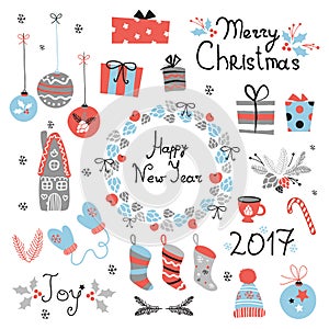 Christmas set graphic elements with wreath, cake, gingerbread house, mittens, toys, gifts and socks.
