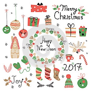 Christmas set graphic elements with wreath, cake, gingerbread house, mittens, toys, gifts and socks.