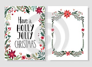 Christmas set with greeting card, invitation, poster, floral frame, winter seasonal design and hand lettering