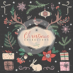 Christmas set of hand drawn festive illustrations.