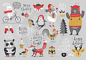 Christmas set, hand drawn style - calligraphy, animals and other elements.