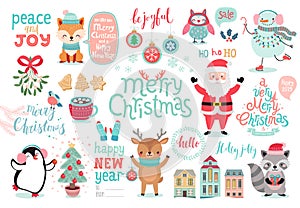 Christmas set, hand drawn style - calligraphy, animals and other elements