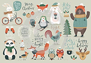 Christmas set, hand drawn style - calligraphy, animals and other elements.