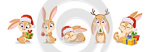 Christmas set of holiday rabbits. Cute cartoon style New Year symbol with gifts