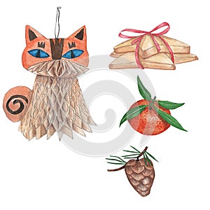 Christmas set of icons and elements, tangerine, pine cone, toy cat, cookies with a red ribbon. to create postcards, wallpaper,