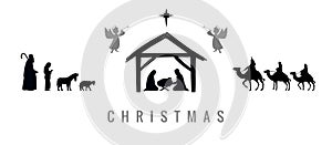 Christmas set of icons Jesus in manger, Mary, Joseph, angels, wisemen, shepherds and Bethlehem star