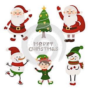 Christmas set with isolated cute santa, snowmans and gnome