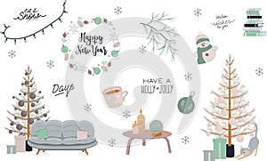 Christmas set with of isolated festive elements such as snowman, candies, garlands, heart,