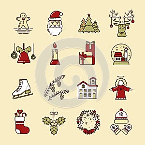 Christmas set of line art icons. Ginger cookies, Santa, Christmas trees, reindeer, bell, candle, gifts, glass ball