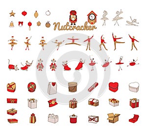 Christmas set with nutcracker, princess, Mouse King, sugar plum fairy, winter fairy, Vintage clock,gift boxes, toys.