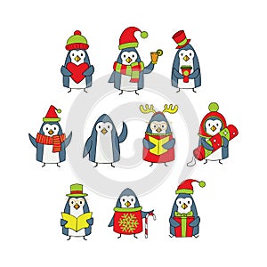 Christmas set of penguins in very peri color isolated on white background.