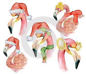 Christmas set with pink flamingo with winter decorations, watercolor illustration