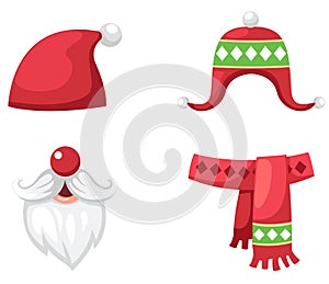 Christmas set red santa claus hat, scarf and hat isolated vector