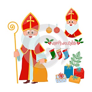 Christmas set Saint Nicholas with a bag of gifts, a greeting inscription, a tree, Christmas balls, boxes with gifts, Santa`s sock