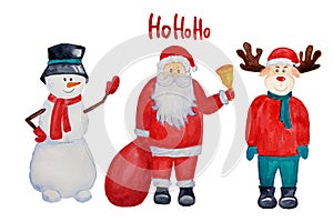 Christmas set with santa, snowman and deer. Watercolor for greeting or post cards, prints on t-shirts, phone cases,book and other